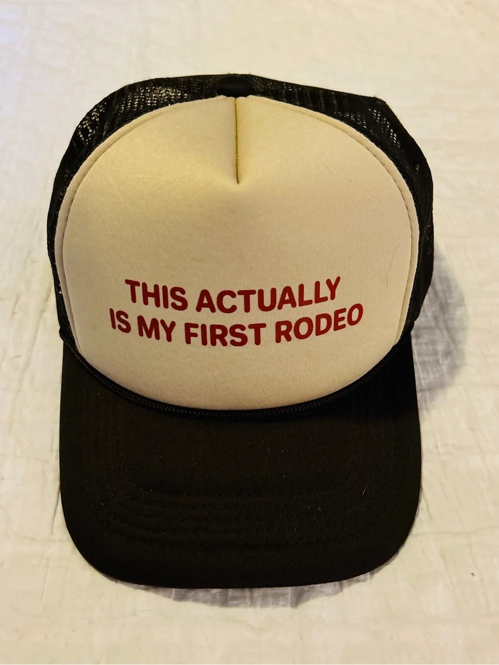 Trucker Hat “This Actually Is My First Rodeo” Snapback Mesh Cap Black & Cream